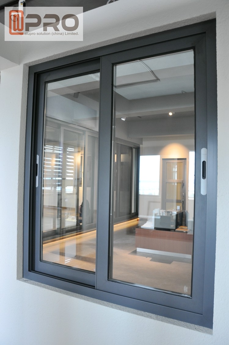 Dark Grey Sliding Office Window Fly Screen Aluminium Sliding Glass